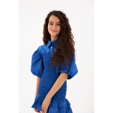 Kız Çocuk Balon Kollu Gipe Detaylı Fırfırlı Elbise